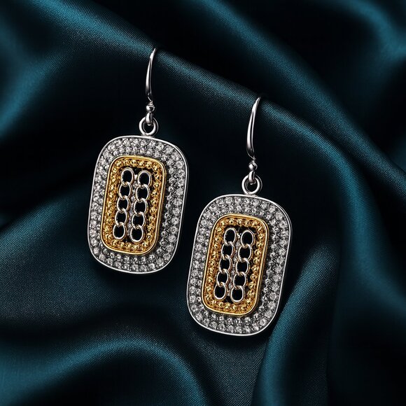 Two-Tone Gold & Silver Rectangle Dangle Earrings – Black Lattice Pave Design - Picture 1 of 9
